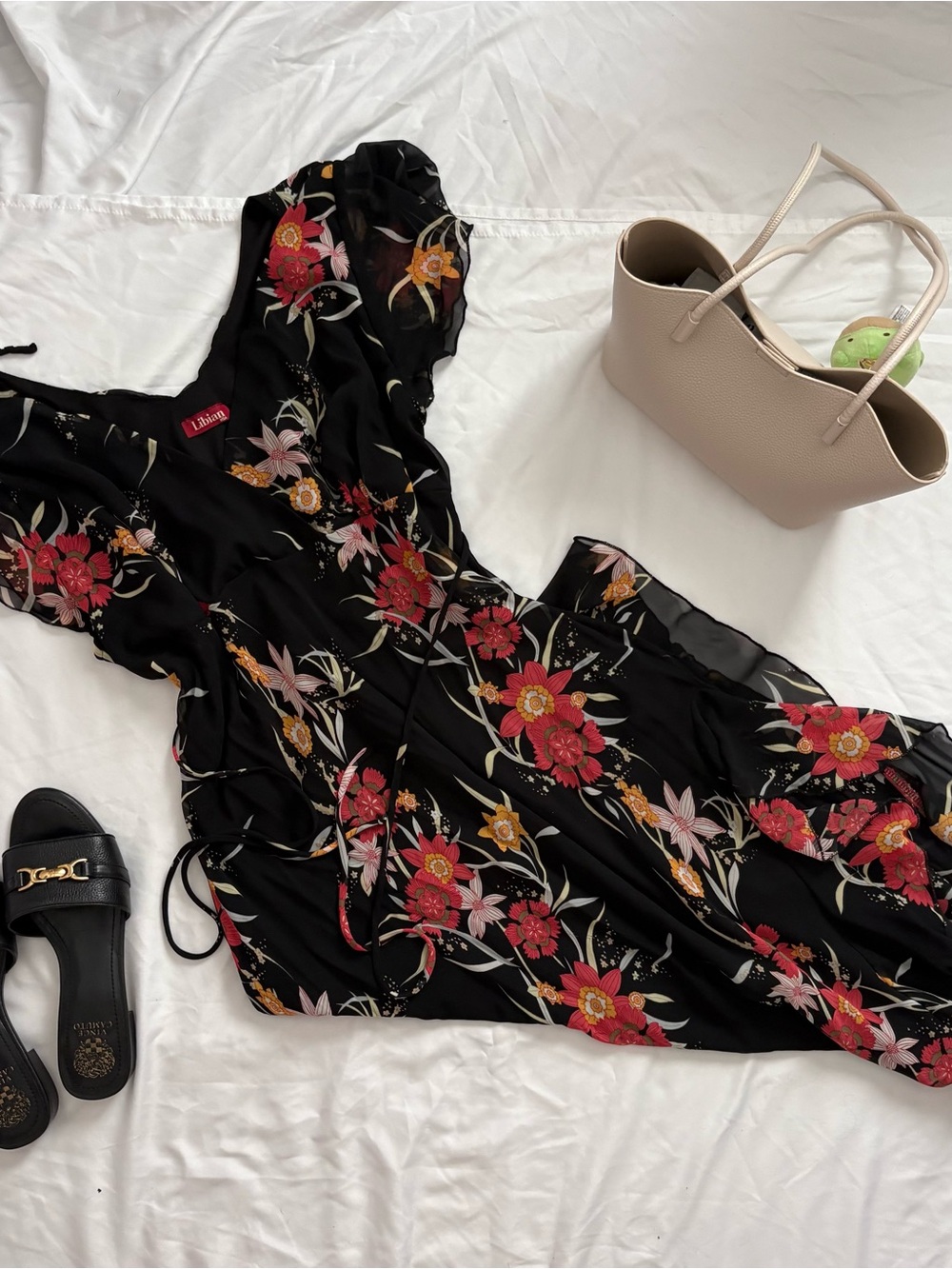 American Vintage Black Midi Dress with Red & Yellow Floral Print